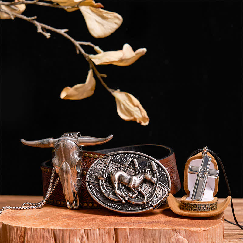Set di collana con ciondolo a forma di croce, cavallo al galoppo fai da te, coltello nascosto, fibbia per cintura - Cavallo - Cintura con rivetti marroni - 42 - image 7
