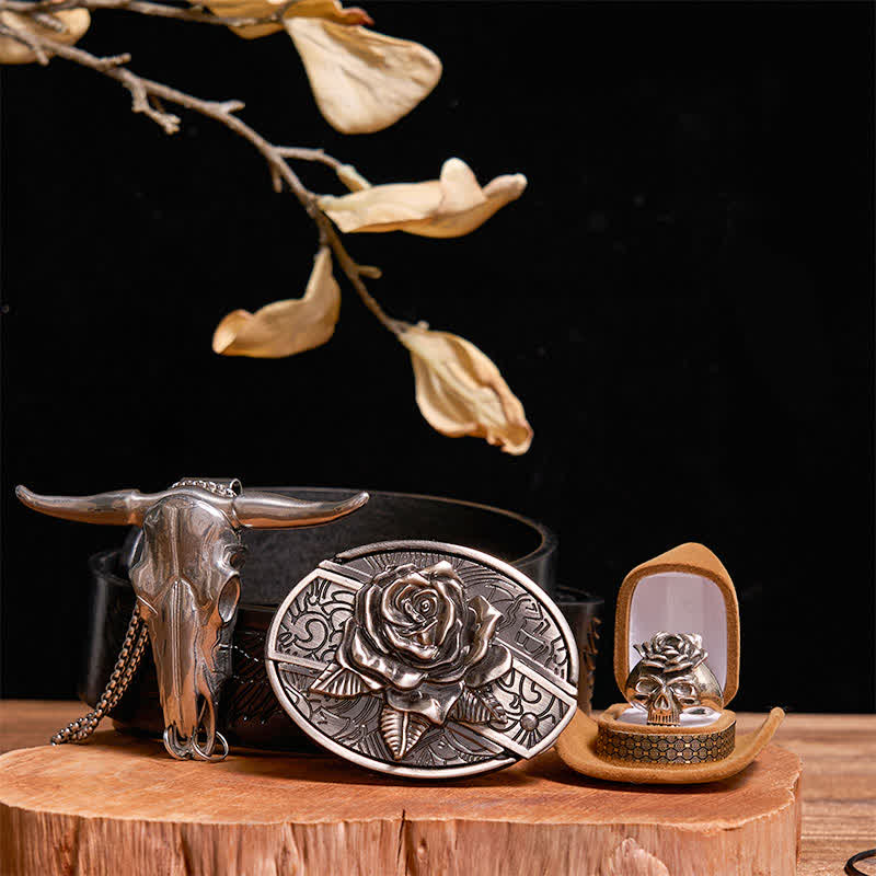 Set fai da te con fibbia per cintura con coltello nascosto a forma di rosa, ciondolo a forma di toro, teschio e anello a forma di rosa - Rosa - Cintura con aquila in rilievo nera - 42 - image 0