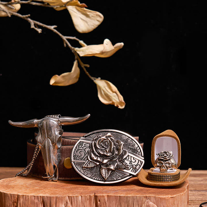 Set fai da te con fibbia per cintura con coltello nascosto a forma di rosa, ciondolo a forma di toro, teschio e anello a forma di rosa - Rosa - Cintura marrone anticata - 42 - image 9