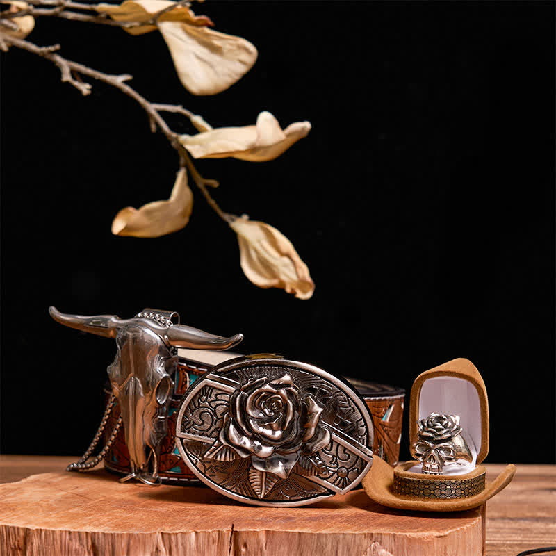 Set fai da te con fibbia per cintura con coltello nascosto a forma di rosa, ciondolo a forma di toro, teschio e anello a forma di rosa - Rosa - Cintura intagliata turchese - 42 - image 7