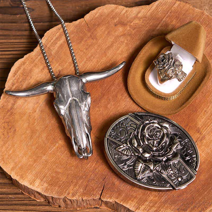 Set fai da te con fibbia per cintura con coltello nascosto a forma di rosa, ciondolo a forma di toro, teschio e anello a forma di rosa - Rosa - Senza cintura - Cintura non inclusa - image 1