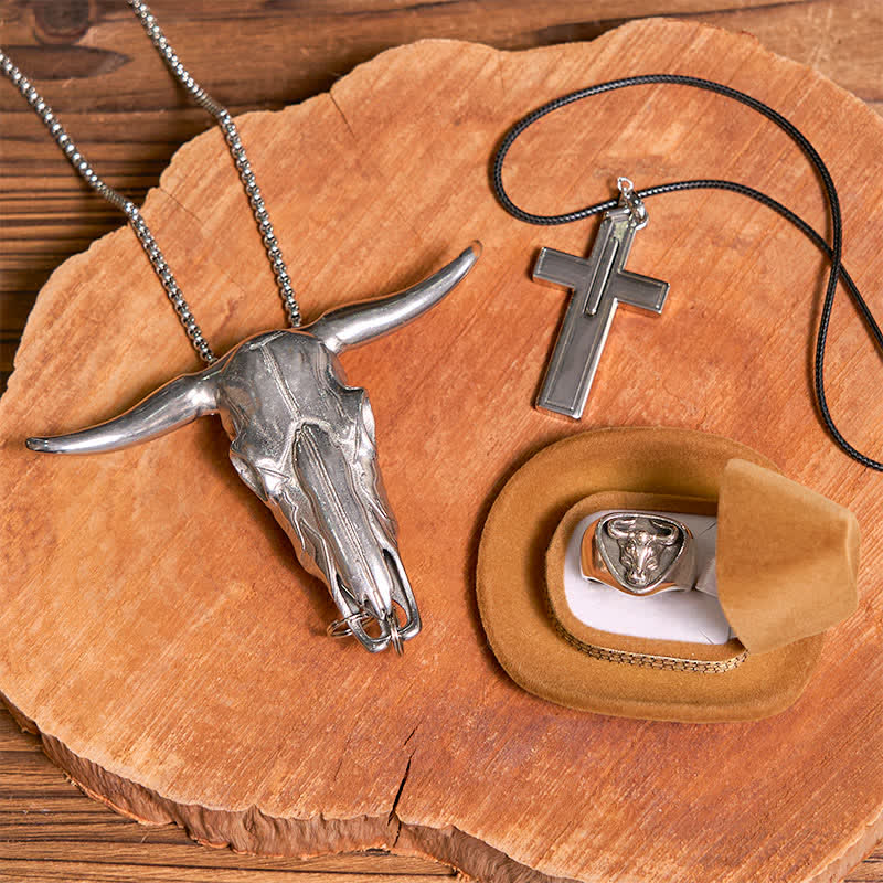 Set di ciondolo fai da te con ciondolo a forma di toro con corna di cervo, croce e coltello nascosto - Set in bundle - image 0