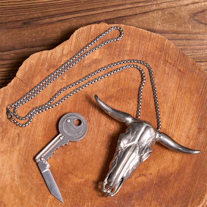 Set di portachiavi fai da te a forma di chiave con ciondolo a forma di toro Longhorn e coltello nascosto - image 1
