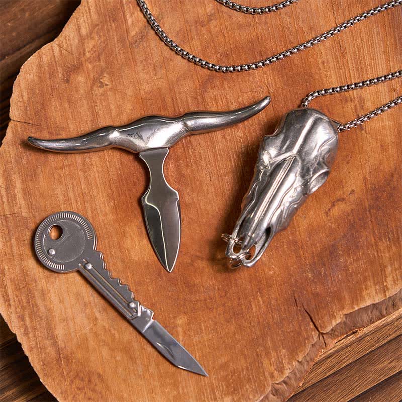 Set di portachiavi fai da te a forma di chiave con ciondolo a forma di toro Longhorn e coltello nascosto - image 2