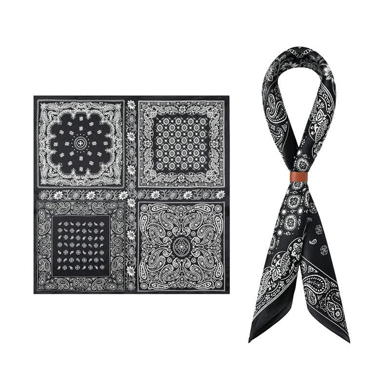 Sciarpa quadrata con motivo a griglia a quattro riquadri Paisley bianco e nero - Nero - image 0