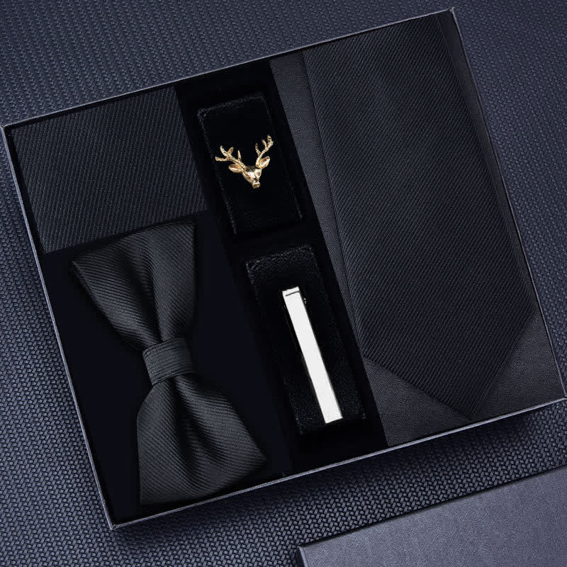 5 pezzi Cravatta a righe da uomo con spilla a forma di cervo, papillon, scatola regalo - Nero #2 - image 5