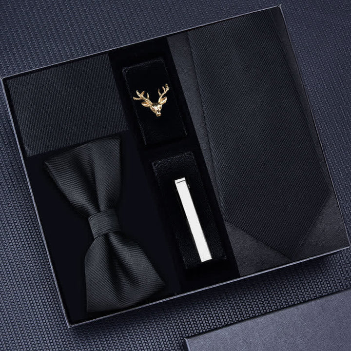 5 pezzi Cravatta a righe da uomo con spilla a forma di cervo, papillon, scatola regalo - Nero #2 - image 5