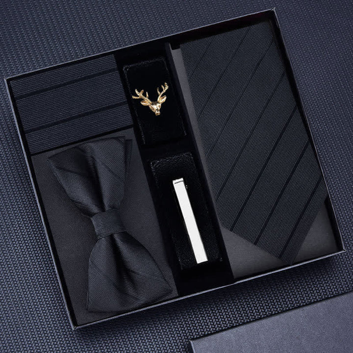 5 pezzi Cravatta a righe da uomo con spilla a forma di cervo, papillon, scatola regalo - Nero n. 1 - image 4