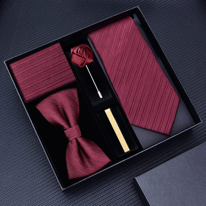 5 pezzi cravatta uomo in twill con spilla a forma di rosa papillon scatola regalo - Borgogna #2 - image 4