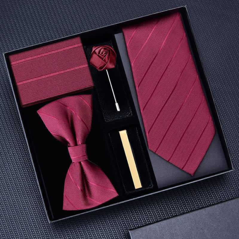 5 pezzi cravatta uomo in twill con spilla a forma di rosa papillon scatola regalo - Borgogna #1 - image 0