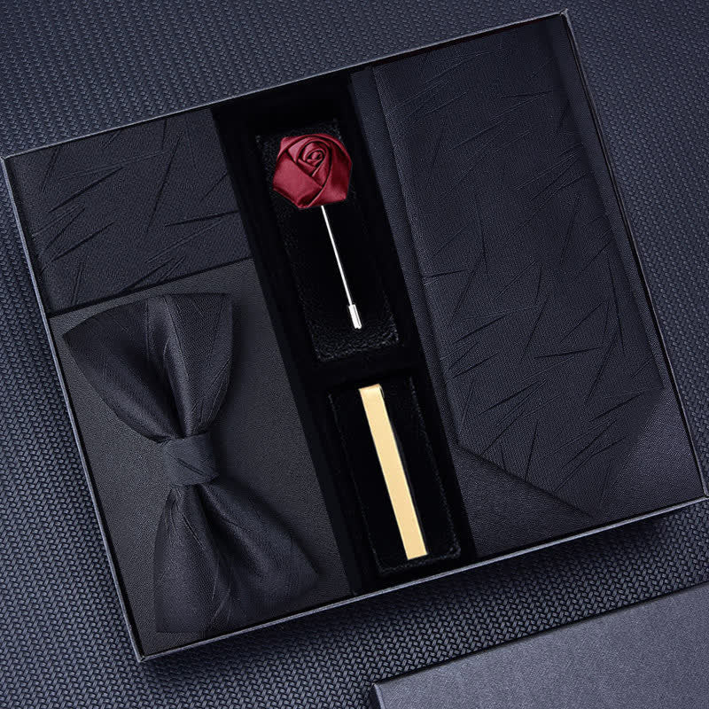5 pezzi cravatta uomo in twill con spilla a forma di rosa papillon scatola regalo - Nero #3 - image 9