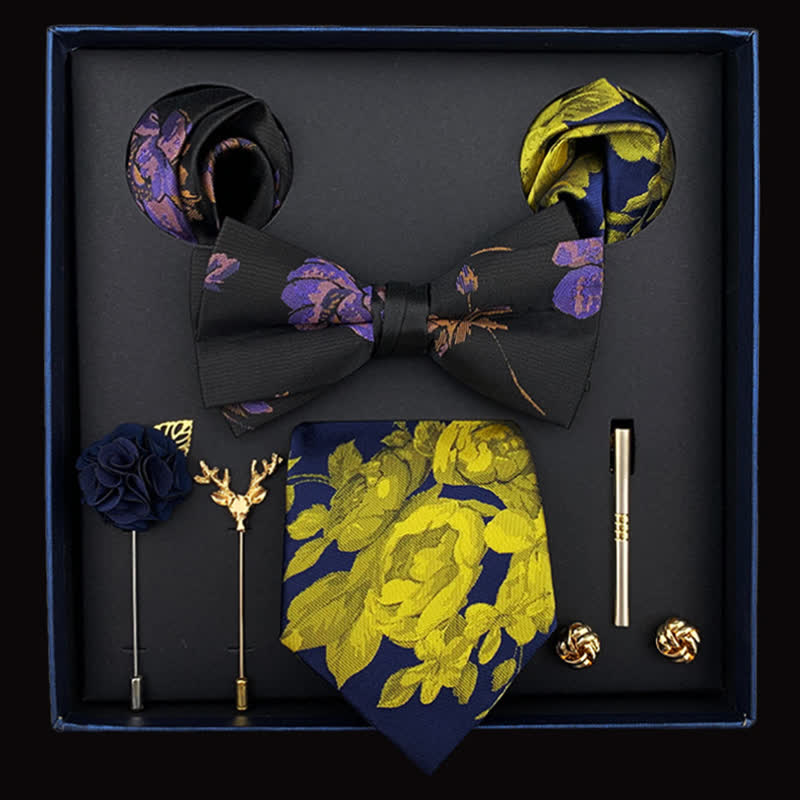 8 pezzi cravatta floreale gialla da uomo papillon nero e viola scatola regalo - Nero e viola - image 0