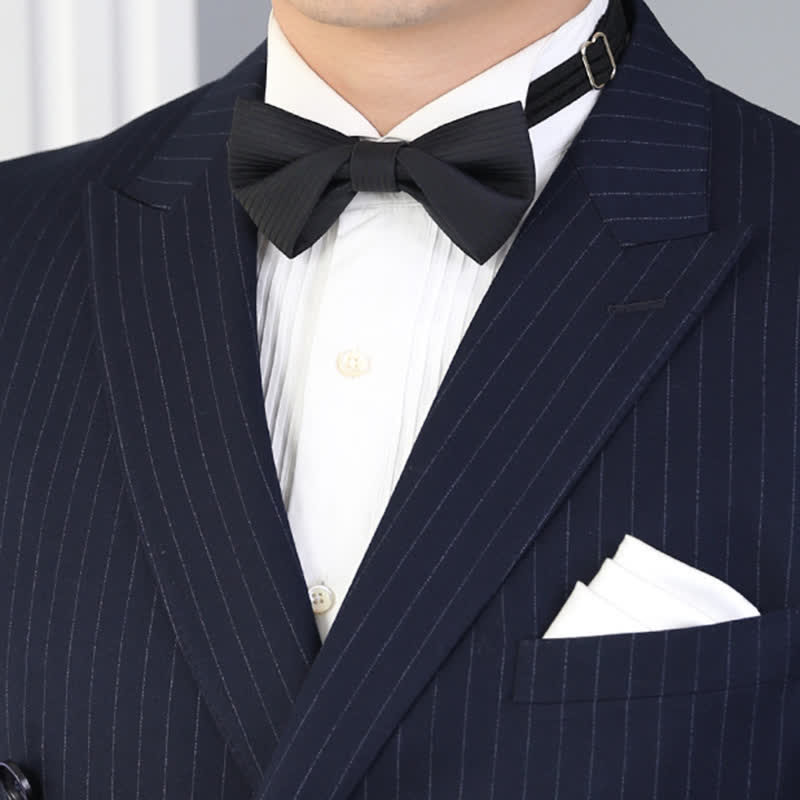Papillon da uomo in twill nero sottile a righe blu navy - image 3