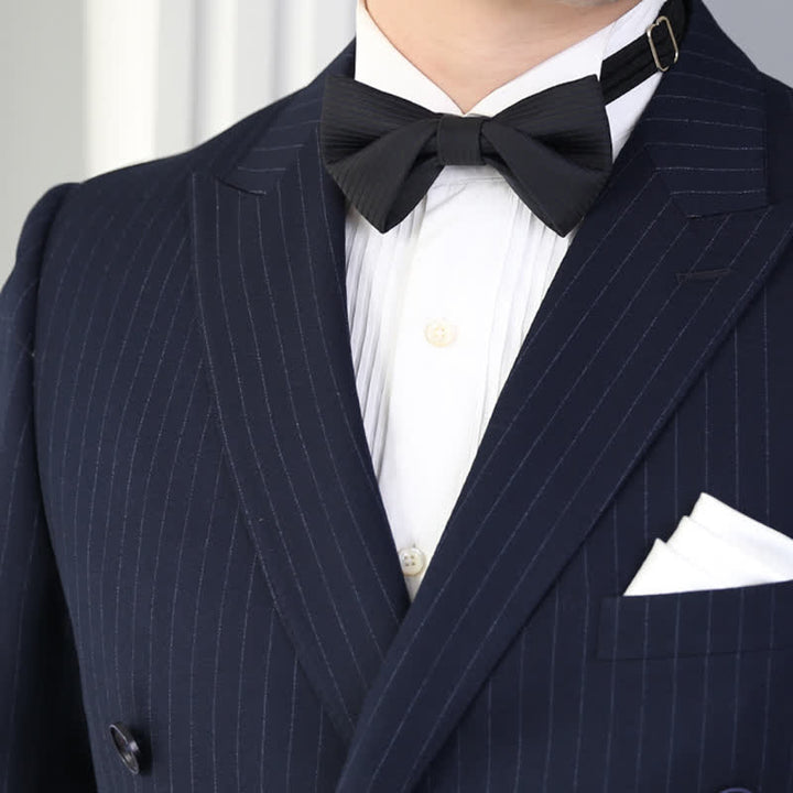 Papillon da uomo in twill nero sottile a righe blu navy - image 4