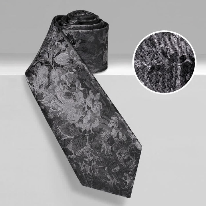 Cravatta da uomo in pura seta con motivo floreale grigio scuro e nero - image 1