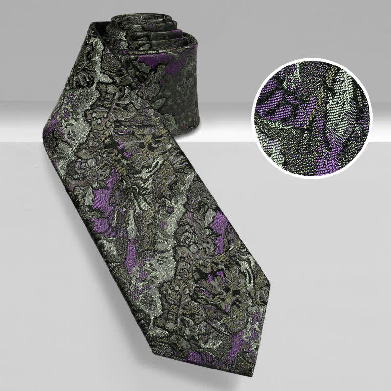 Cravatta da uomo in pura seta con motivo astratto delicato viola e grigio - image 1