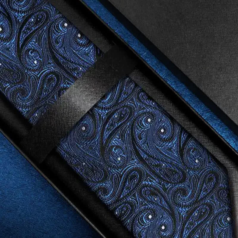 Cravatta da uomo in pura seta con motivo Paisley blu scuro e nero - image 3