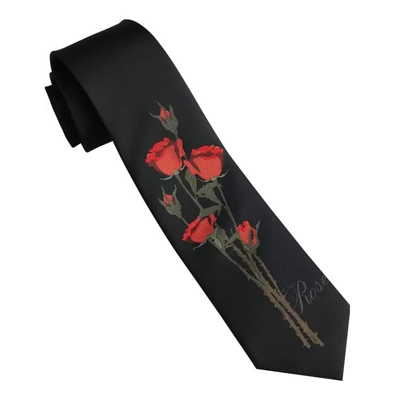 Cravatta da uomo romantica nera con motivo a mazzo di rose rosse - image 5