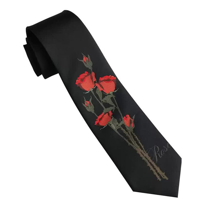 Cravatta da uomo romantica nera con motivo a mazzo di rose rosse - image 5