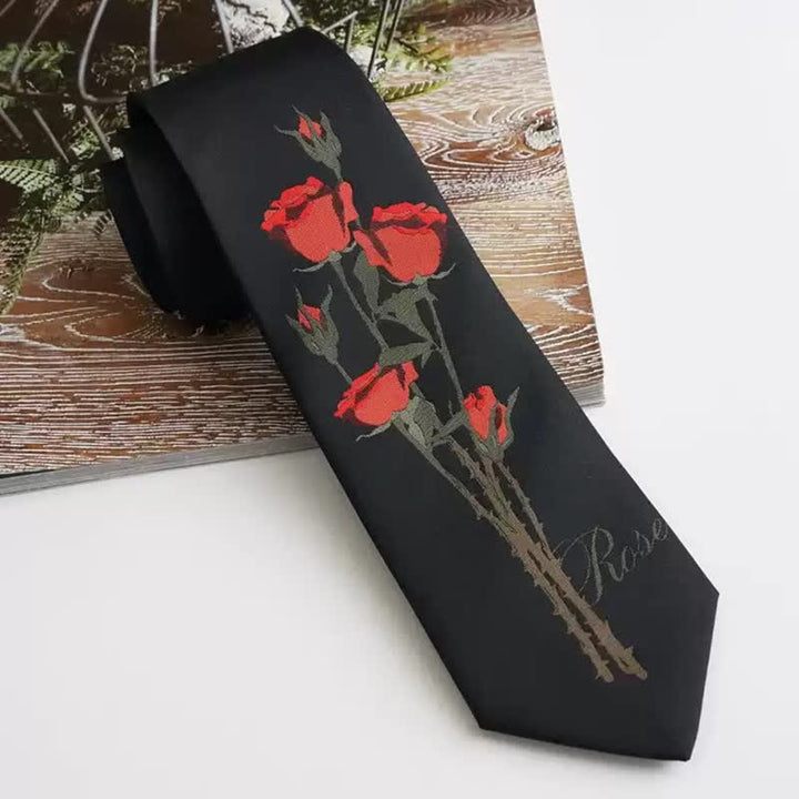 Cravatta da uomo romantica nera con motivo a mazzo di rose rosse - Nero e rosso - image 0