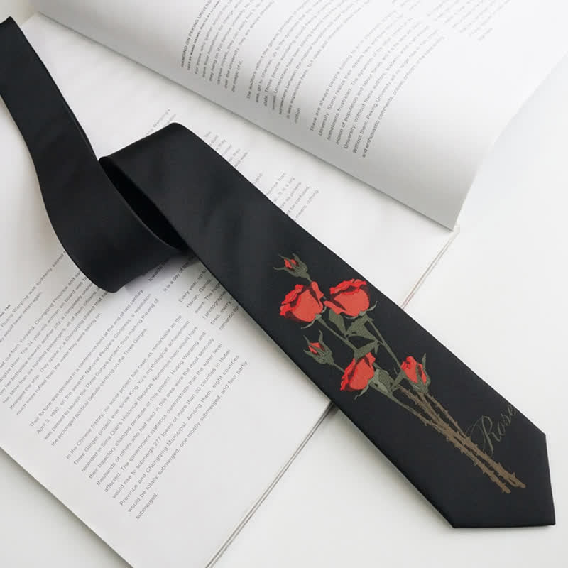 Cravatta da uomo romantica nera con motivo a mazzo di rose rosse - image 3