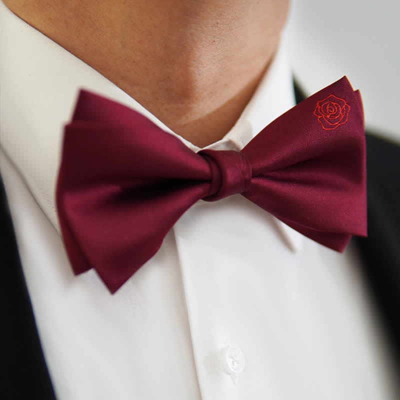 Papillon con fazzoletto ricamato con rosa bugundy da uomo - image 3