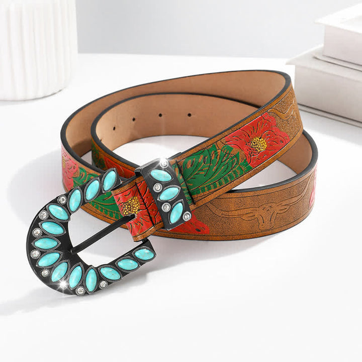Cintura in pelle con fibbia turchese e stampa di piume vintage Boho Chic - Fiore - 38 - image 4