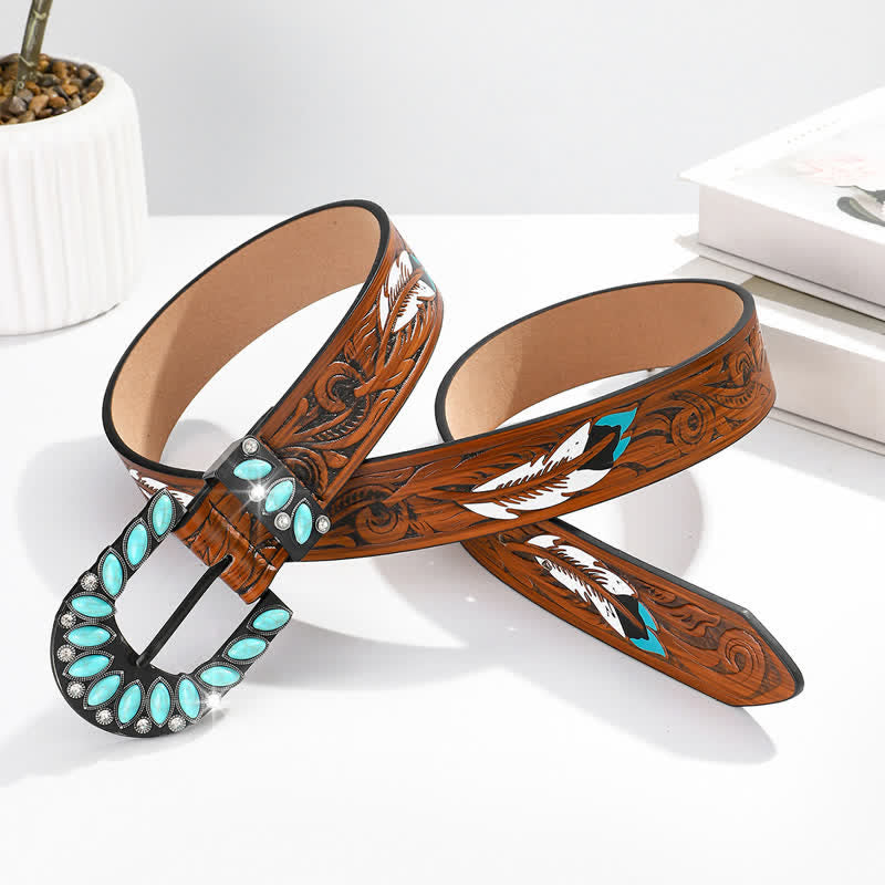Cintura in pelle con fibbia turchese e stampa di piume vintage Boho Chic - image 1