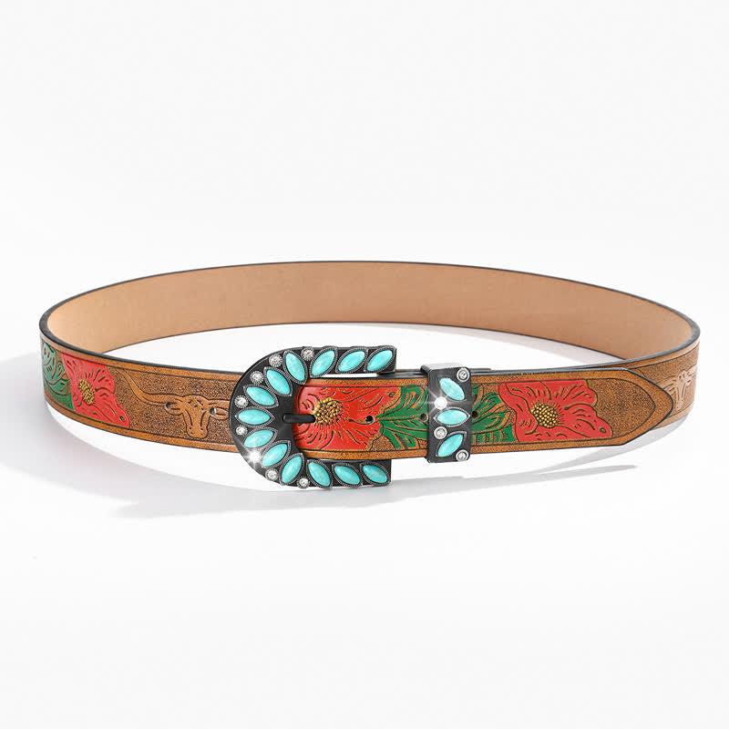 Cintura in pelle con fibbia turchese e stampa di piume vintage Boho Chic - image 5