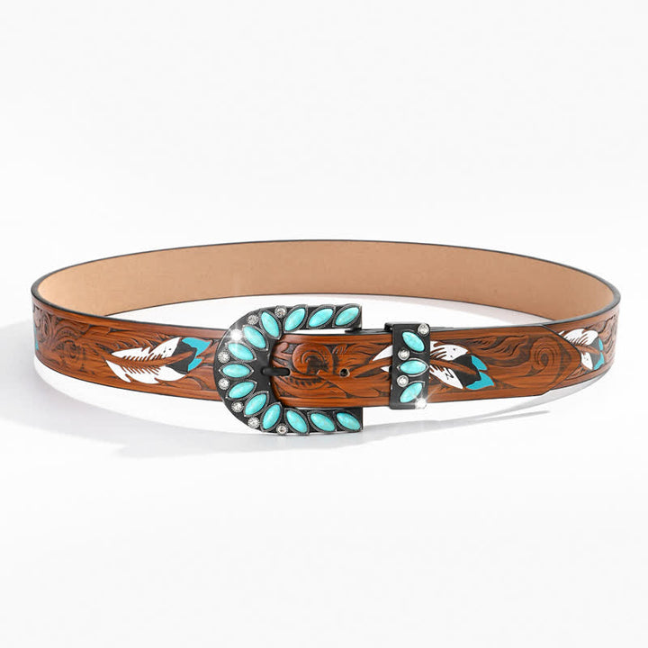 Cintura in pelle con fibbia turchese e stampa di piume vintage Boho Chic - image 2