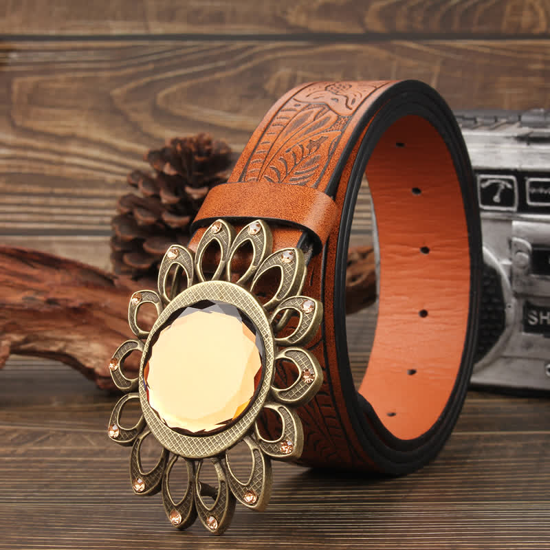 Cintura in pelle con fibbia a girasole Crystal Burst - Floreale arancione scuro - 42 - image 0