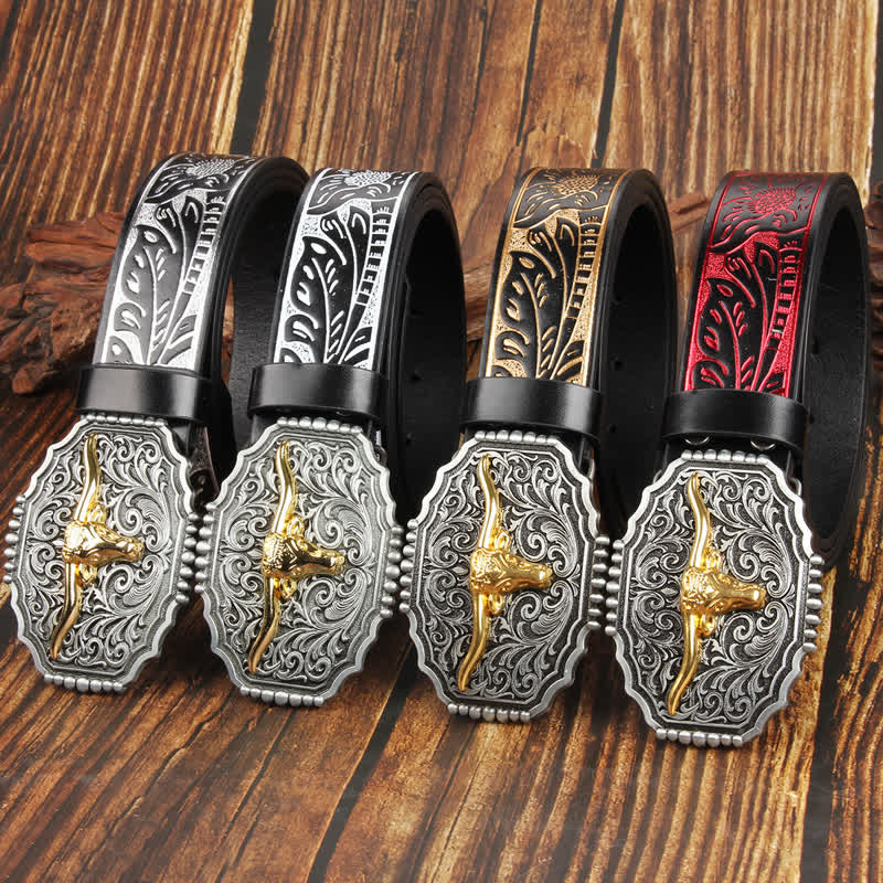 Cintura in pelle colorata con testa di toro Longhorn in oro Weathern - image 0