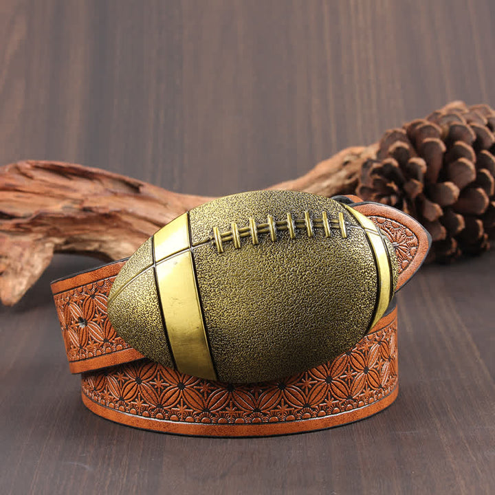 Cintura in pelle con fibbia da football americano novità - Trama arancione scuro / oro - 42 - image 1