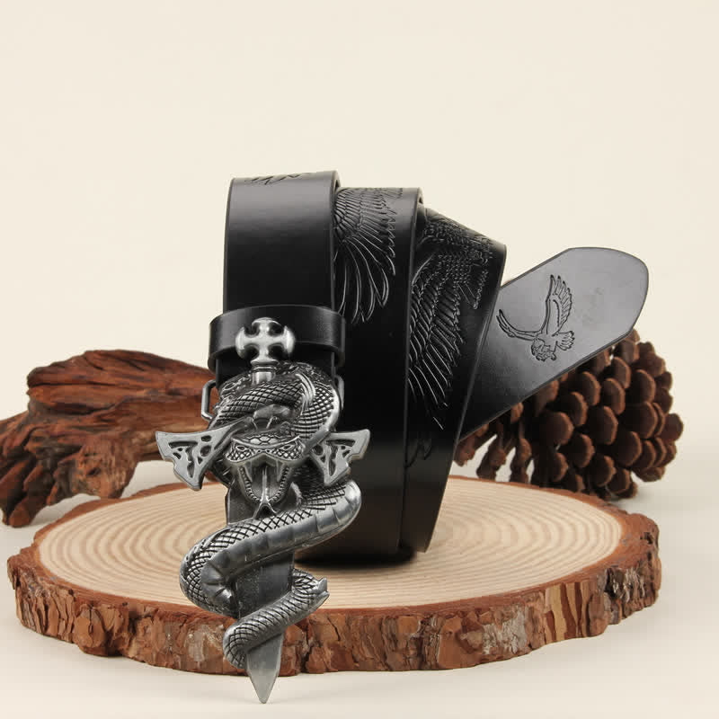 Cintura in pelle con fibbia 3D The Dagger & The Cobra da uomo in argento - Aquila nera - 42 - image 4