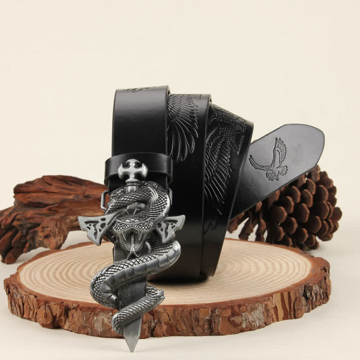 Cintura in pelle con fibbia 3D The Dagger & The Cobra da uomo in argento - Aquila nera - 42 - image 4