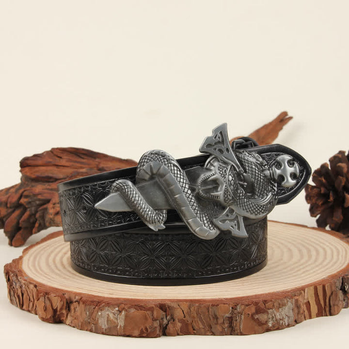 Cintura in pelle con fibbia 3D The Dagger & The Cobra da uomo in argento - Tessitura nera - 42 - image 1