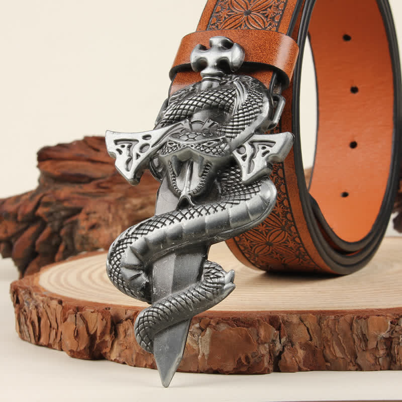Cintura in pelle con fibbia 3D The Dagger & The Cobra da uomo in argento - image 3