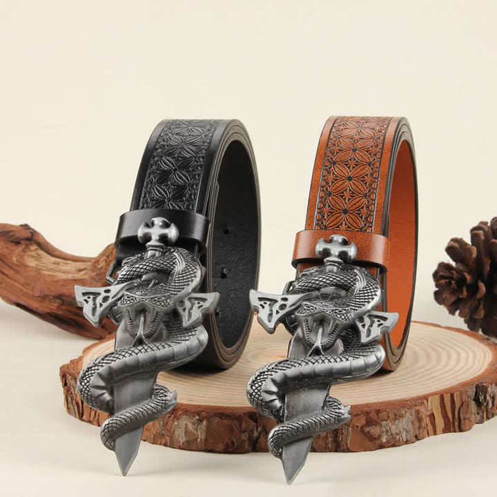 Cintura in pelle con fibbia 3D The Dagger & The Cobra da uomo in argento - image 0
