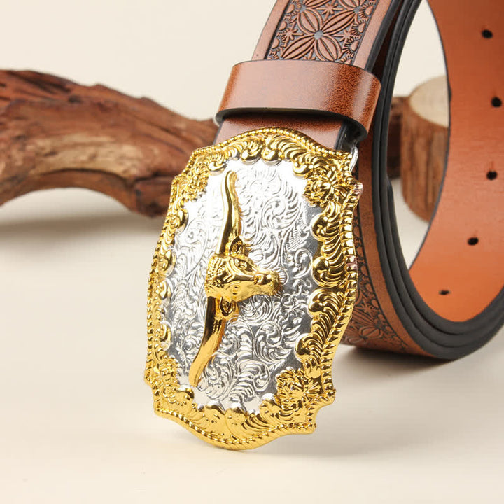 Cintura in pelle con fibbia Western Bull in oro e argento - image 3
