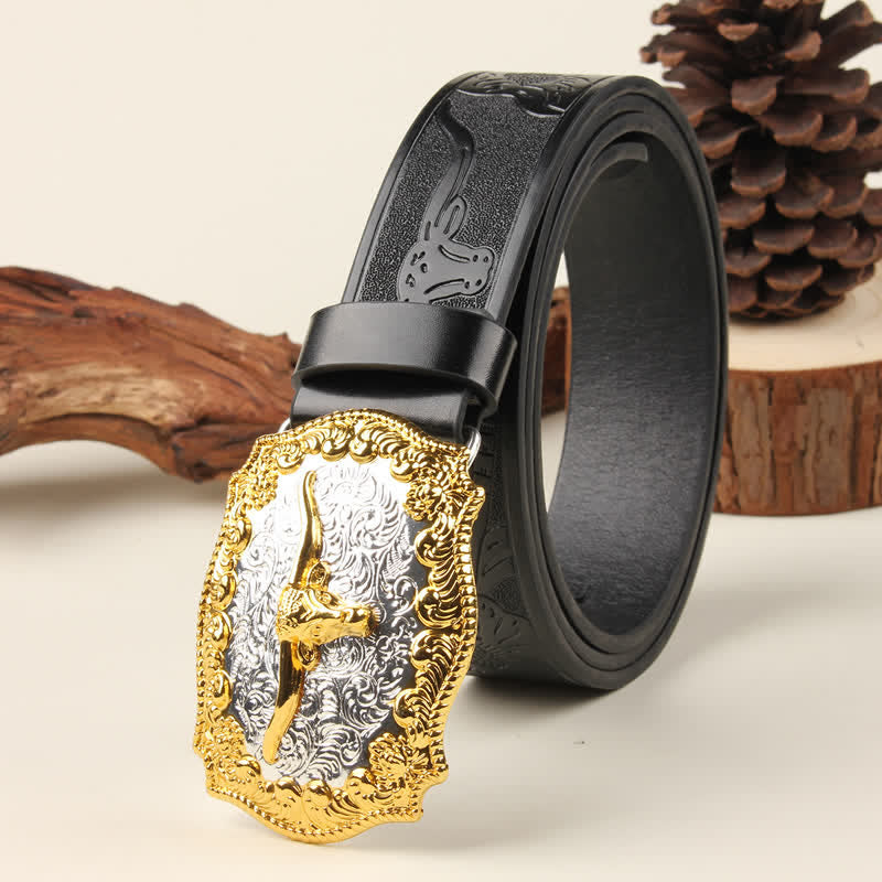 Cintura in pelle con fibbia Western Bull in oro e argento - image 5