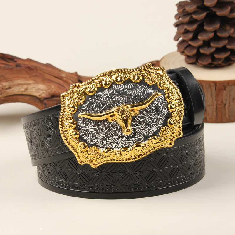 Cintura in pelle con fibbia Western Bull in oro e argento - Tessitura nera - 42 - image 1