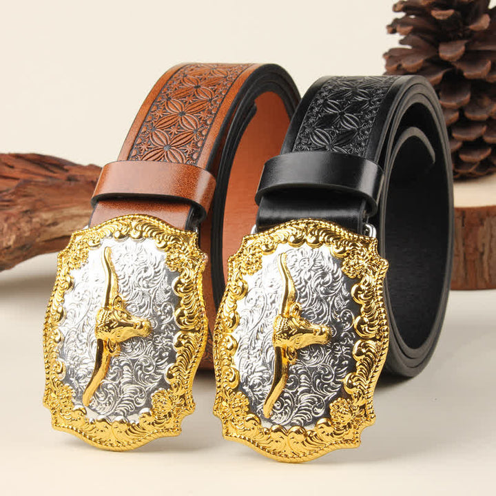 Cintura in pelle con fibbia Western Bull in oro e argento - image 0