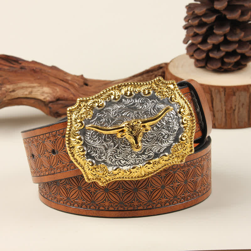 Cintura in pelle con fibbia Western Bull in oro e argento - Trama arancione scuro - 42 - image 2