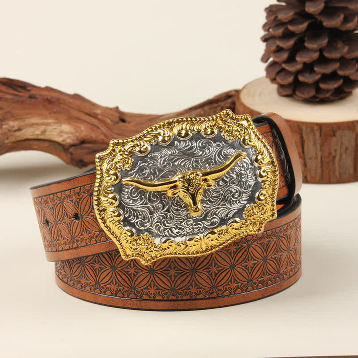 Cintura in pelle con fibbia Western Bull in oro e argento - Trama arancione scuro - 42 - image 2