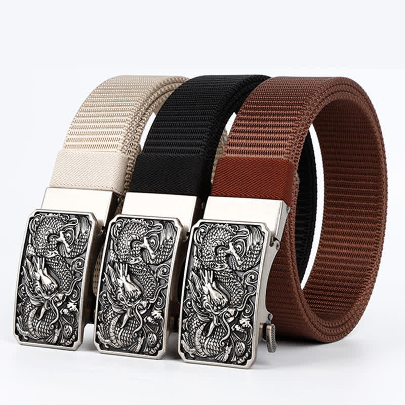 Cintura da uomo in nylon con fibbia automatica a forma di drago arrotolato in argento - image 1