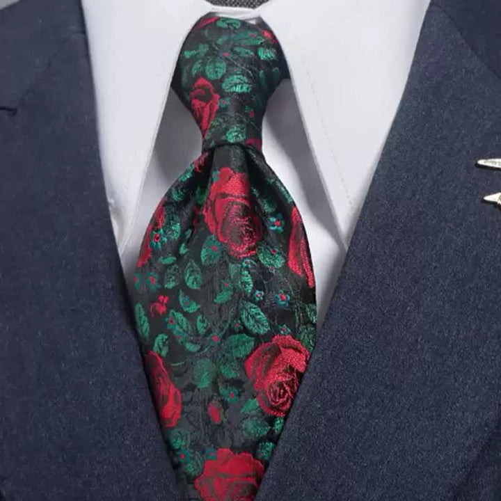 Papillon da uomo con stampa di foglie verdi e rose rosse - Cravatta + fazzoletto da taschino - image 0
