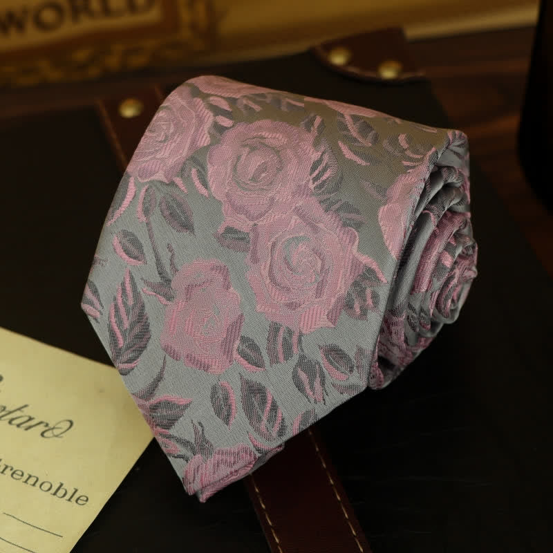 Cravatta a farfalla con motivo floreale a rose rosa e grigio da uomo - image 1