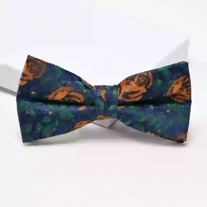 Cravatta da uomo con stampa floreale a forma di farfalla, blu navy e arancione - Papillon - image 1