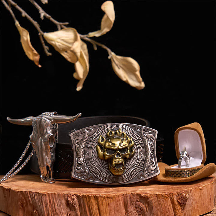 Set di anelli tattici con ciondolo a forma di toro, fibbia per cintura con coltello nascosto fai da te e teschio d'oro - Teschio d'oro - Cintura con aquila in rilievo nera - 42 - image 0