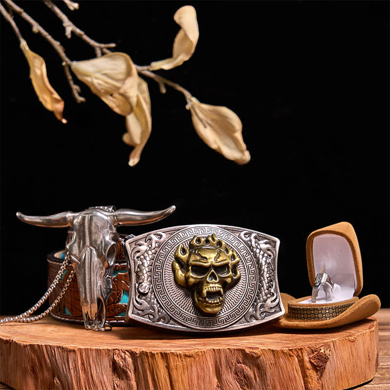 Set di anelli tattici con ciondolo a forma di toro, fibbia per cintura con coltello nascosto fai da te e teschio d'oro - Teschio d'oro - Cintura intagliata turchese - 42 - image 7